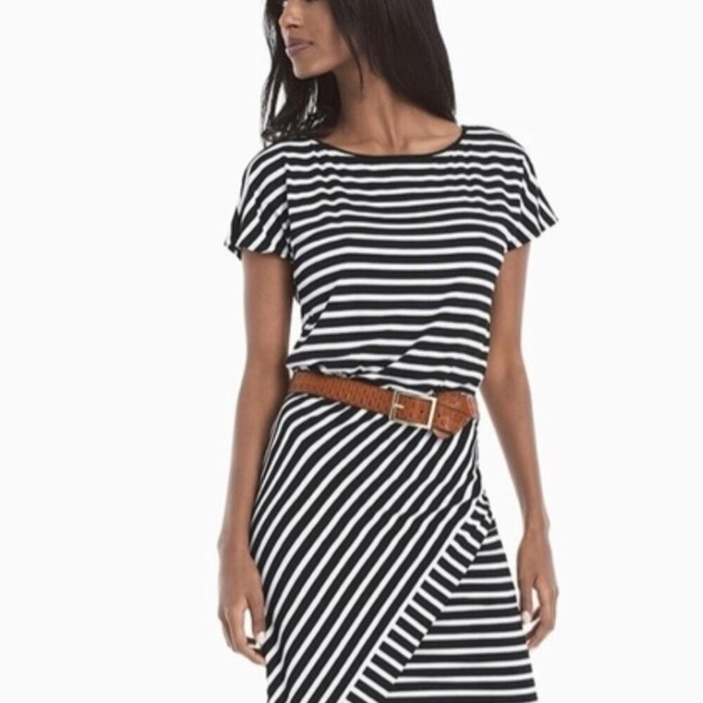 WHBM Black White Striped Faux Wrap Asymmetrical Mini Dress Extra Small